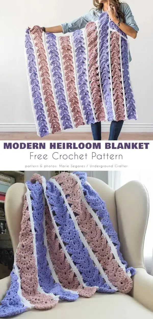 Modern Heirloom Crochet Baby Blanket with intriguing texture and three-color combination.