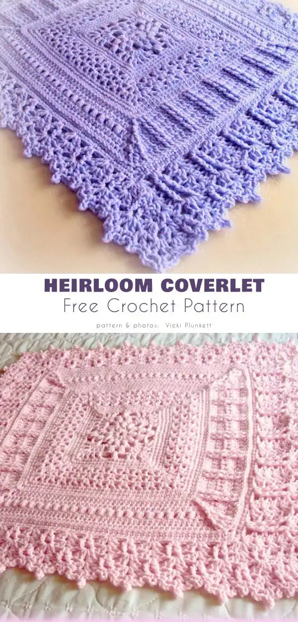 Traditional Heirloom Crochet Baby Coverlet featuring intricate lace, cables, puffs, and shell stitches.