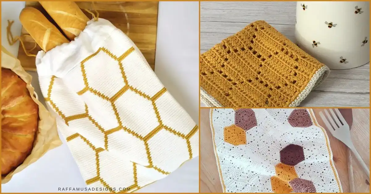 A collection of beautifully crocheted honeycomb inspired kitchen accessories and cozy blankets, showcasing various free crochet patterns.