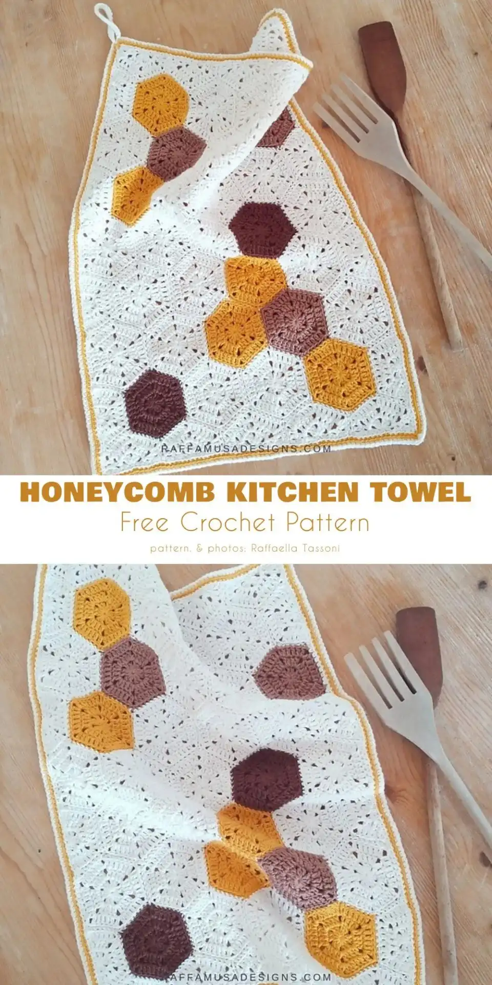Close-up of a crocheted Honeycomb Kitchen Towel in a warm yellow hue, displaying its textured hexagonal pattern.
