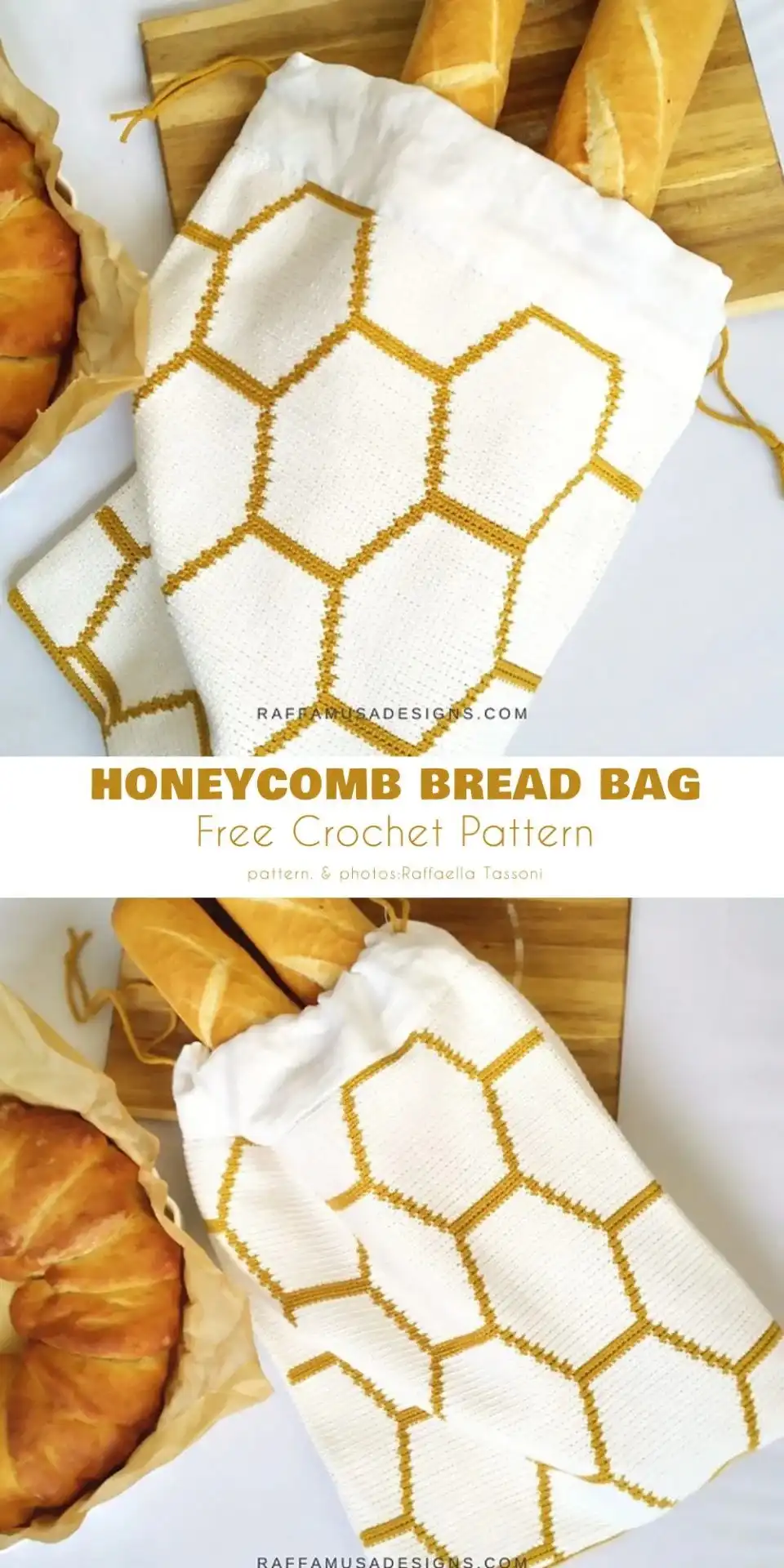 An elegant crocheted Honeycomb Bread Bag holding a loaf of artisan bread, made with natural fiber yarn.