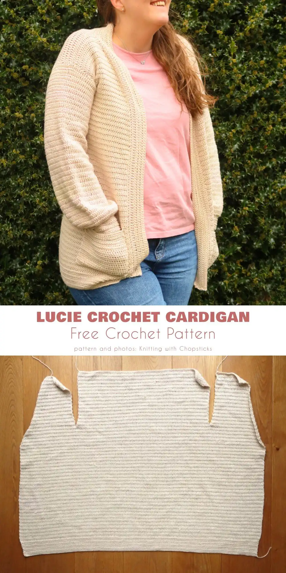 How To Crochet a Cardigan: 6 Different Styles To Try 4 A detailed view of a panel-constructed crochet cardigan showing intricate seaming, a key style for how to crochet a cardigan.