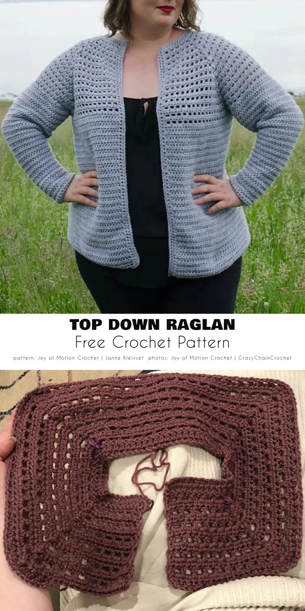 How To Crochet a Cardigan: 6 Different Styles To Try 5 A crochet cardigan with a single main body panel and separately attached sleeves, demonstrating a construction method.