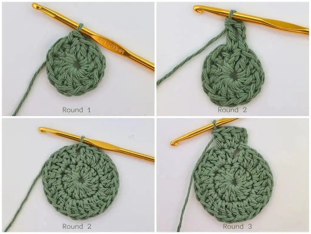 A four-step crochet tutorial showcasing a green yarn circle progressing through rounds 1 to 3, with a gold crochet hook demonstrating the basic double crochet technique.