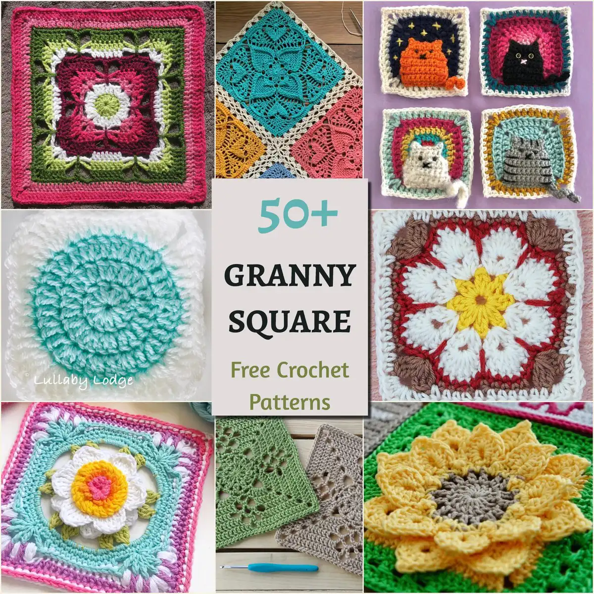 A vibrant collage of colorful crochet granny squares in various designs, from classic to floral and animal motifs, illustrating a comprehensive guide on How to Crochet a Granny Square: 50 Free Patterns & Tutorials from Absolute Beginners to Advanced Crocheters.