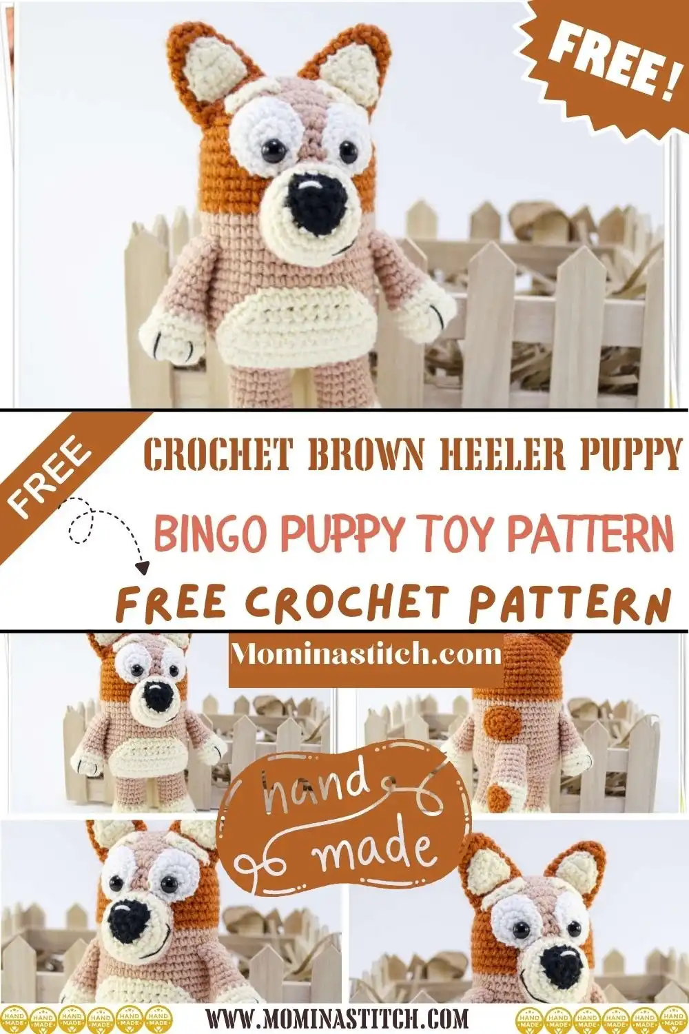 How to Crochet Bingo from Bluey Cute Amigurumi Pattern 4 Tiny, pocket-sized crocheted Bluey and Bingo amigurumi figures displayed side-by-side, ideal for keychains.