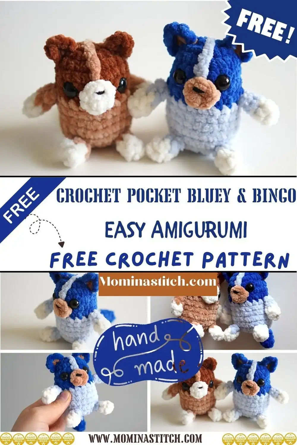 How to Crochet Bingo from Bluey Cute Amigurumi Pattern 5 Set of crocheted Bluey and Bingo amigurumi toys, showcasing them as a family unit with accurate details.