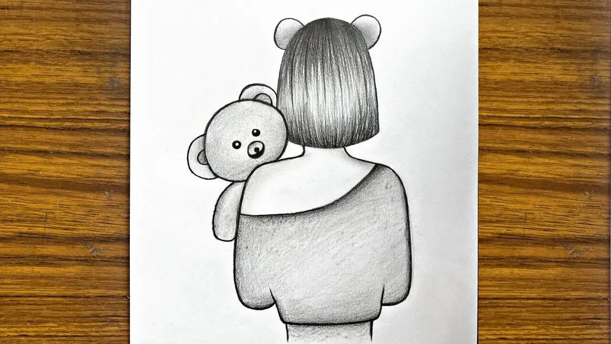 Tutorial for drawing a girl gently holding a teddy bear