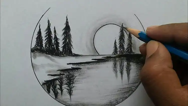 Circular landscape drawing tutorial for nature scenery beginners
