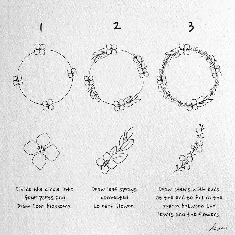 Simple three-step drawing guide for creating a decorative wreath