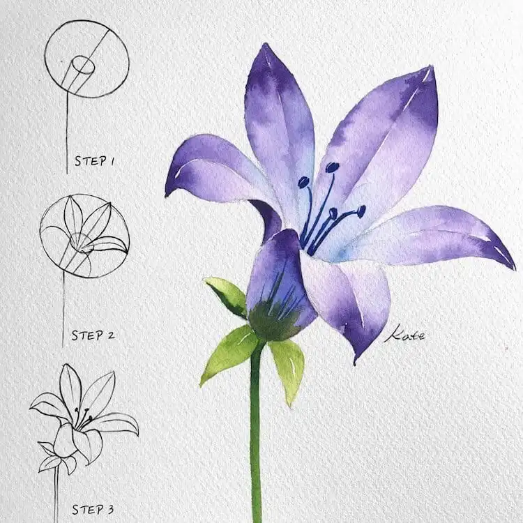 Step-by-step instructions for drawing a vibrant purple flower