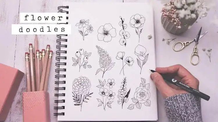 Video tutorial showcasing twelve easy and quick flower doodles for artists