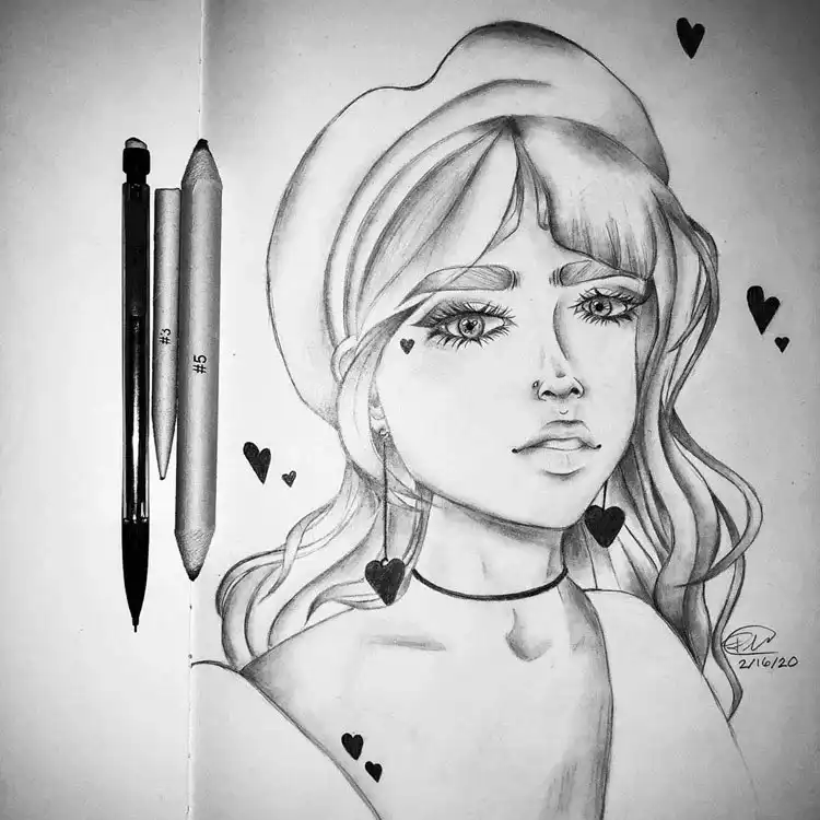 Close-up sketch of a girl with a stylish beret, long eyelashes, and heart-shaped earrings, demonstrating texture rendering.