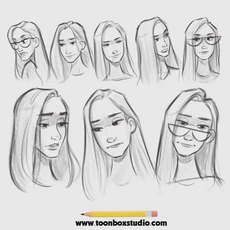 Reference sheet showing a girl making eight different facial expressions, ideal for emotion practice.
