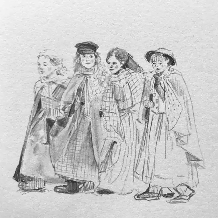 Quick sketch of the 'Little Women' characters, ideal for practicing group compositions and classic literary figures.
