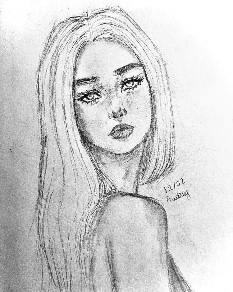Simple sketch of a girl with long, flowing hair in a graceful pose, perfect for studying hair movement.