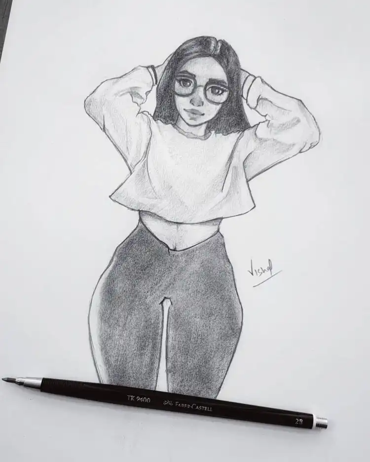 Sketch of a girl with a curvy figure wearing a crop top and glasses, showcasing diverse body types.