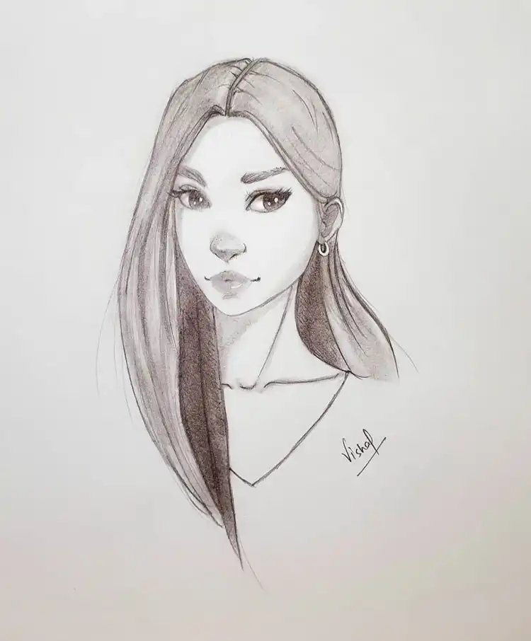 Soft and feminine sketch of a girl with hair behind her ear and a prominent hoop earring.