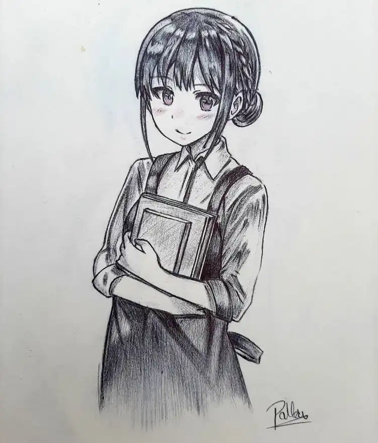 Sketch of a student carrying books, wearing a uniform, with her hair in a bun, ideal for dynamic poses.