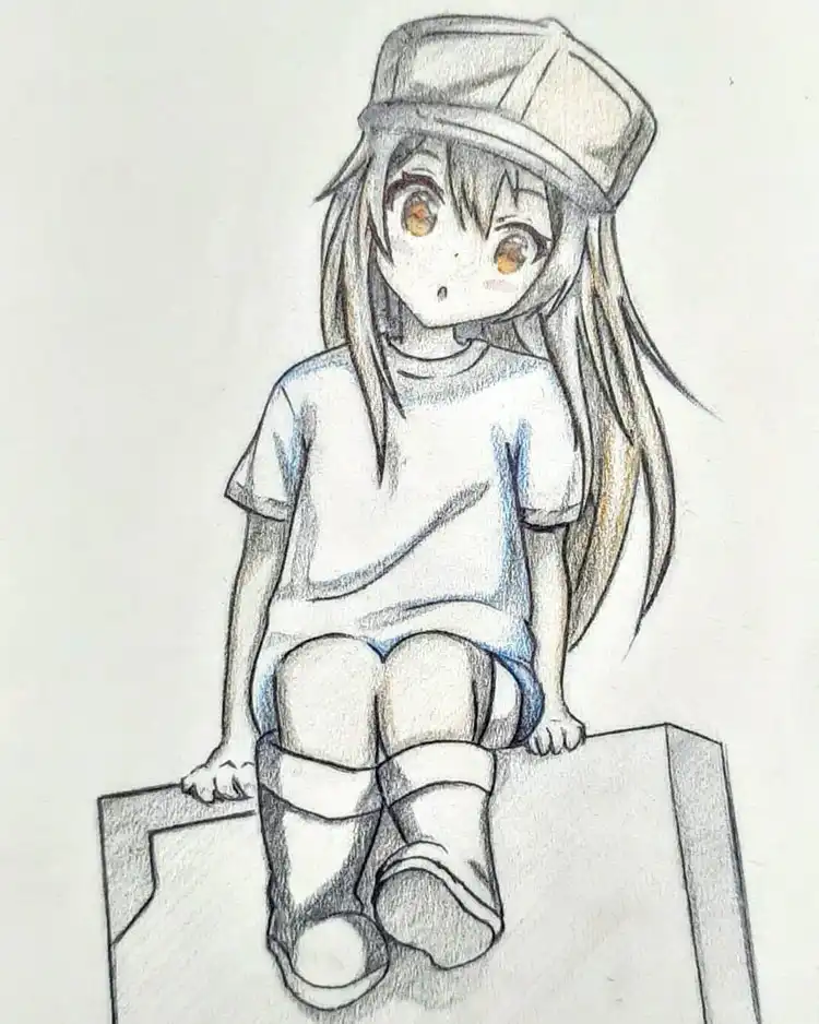 Anime-style sketch of a girl sitting on an object and looking down, demonstrating perspective and stylized features.