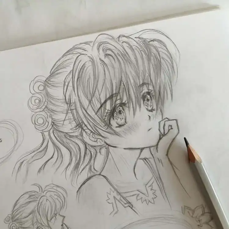 Anime character sketch of a girl resting her head in her hand and looking towards the sky, conveying contemplation.