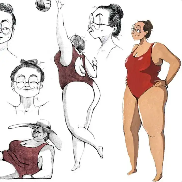 Dynamic sketch of a curvy girl in a one-piece bathing suit playing volleyball with various expressions.