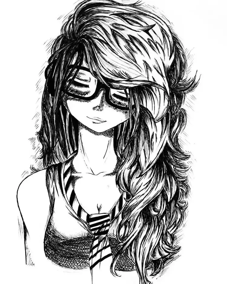 Sketch of a girl wearing reading glasses and a necktie, highlighting a unique and intellectual character style for How to Draw Locs - 50 Beautiful Female Character Sketch Ideas.