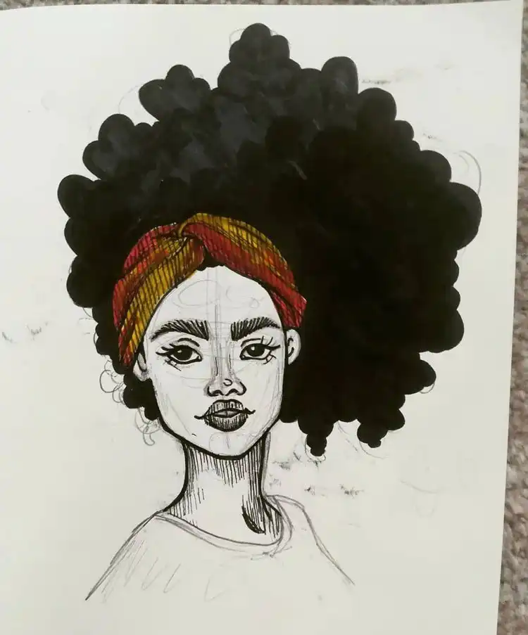 Sketch of a girl with hearts on her cheeks and a sad expression, blending playful and poignant emotions.