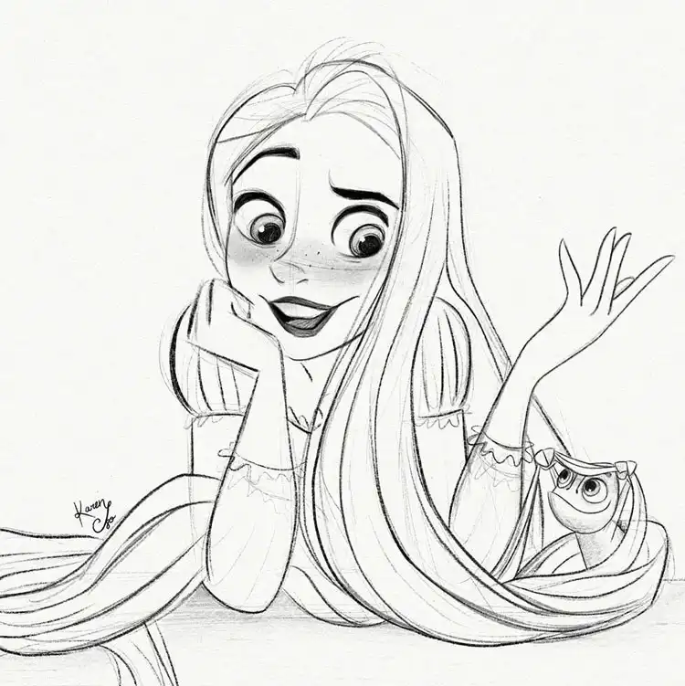 Sketch of a girl with voluminous hair and a stylish hair wrap, emphasizing bold hairstyles and accessories.