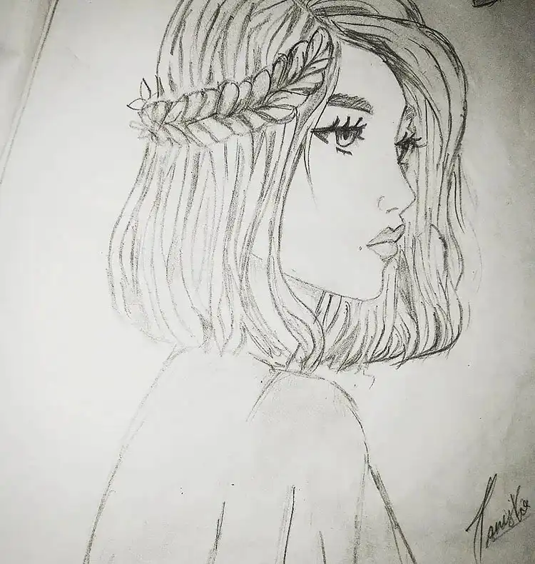 Sketch of a girl wearing a tank top, with a sweater draped from her shoulders, and long twisted hair, showcasing casual style.
