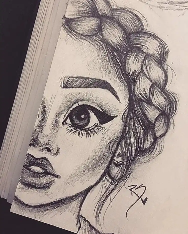 Angled profile sketch of a girl with short hair and an intricate braid going to the back of her head, demonstrating detailed hair design.