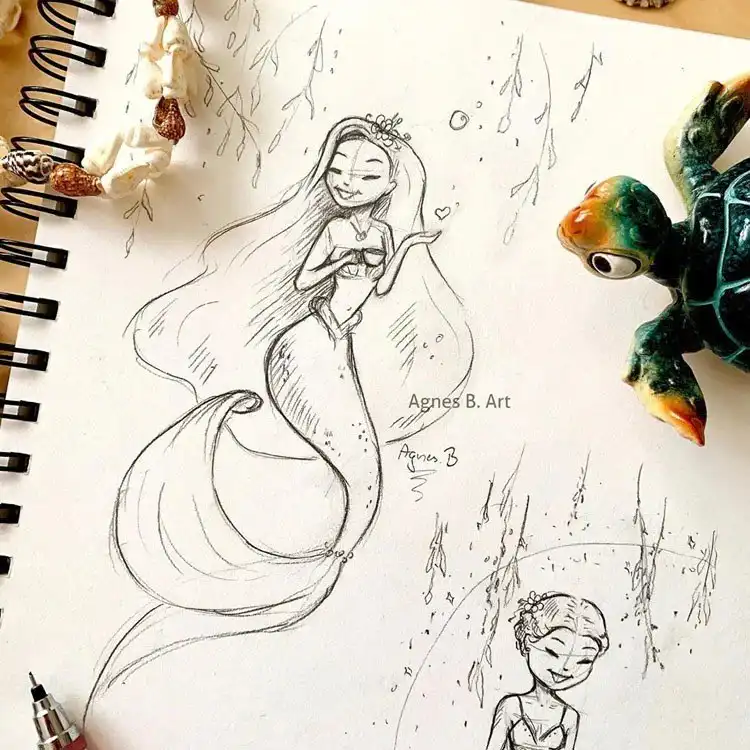 Fantasy sketch of a mermaid character with flowing hair and a detailed tail, perfect for practicing fluid forms.