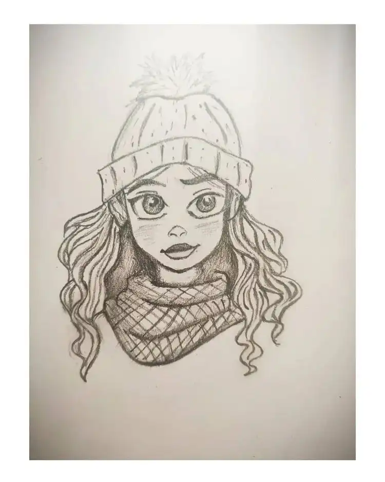 Sketch of a girl wearing a cozy beanie, wavy hair, and a scarf, focusing on soft fabric textures.