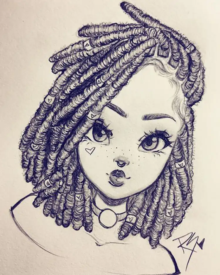 Detailed example of How to Draw Locs, showcasing textured strands and volume within a female character sketch.
