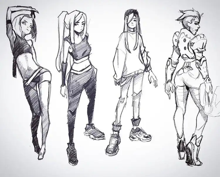 Group sketch featuring four different girls with unique personalities and clothing styles for varied character practice.