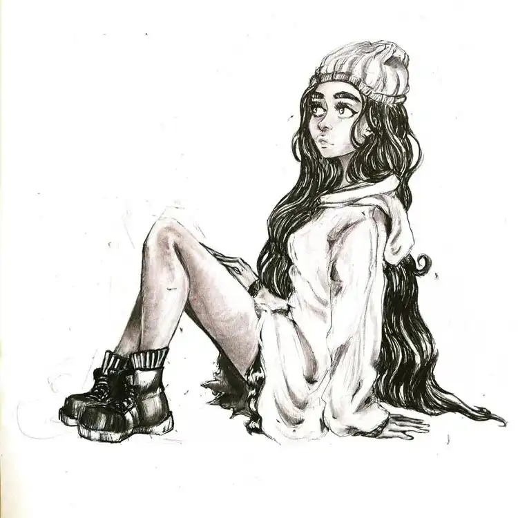 Sketch of a girl wearing an oversized sweatshirt, beanie, boots, and long hair, demonstrating casual fashion.