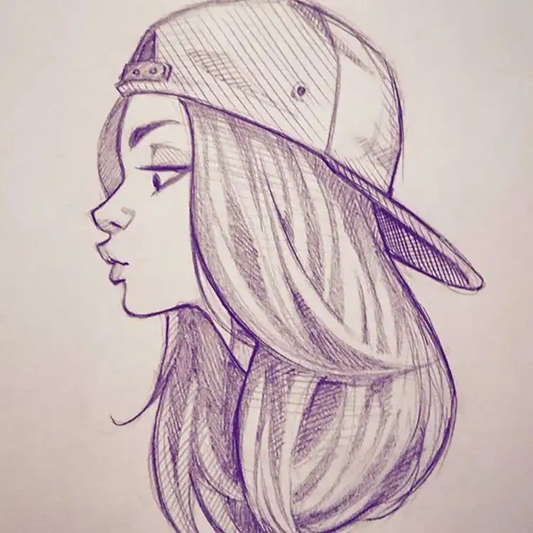 Side profile sketch of a girl with pouty lips and a hat worn backward, focusing on clean lines.