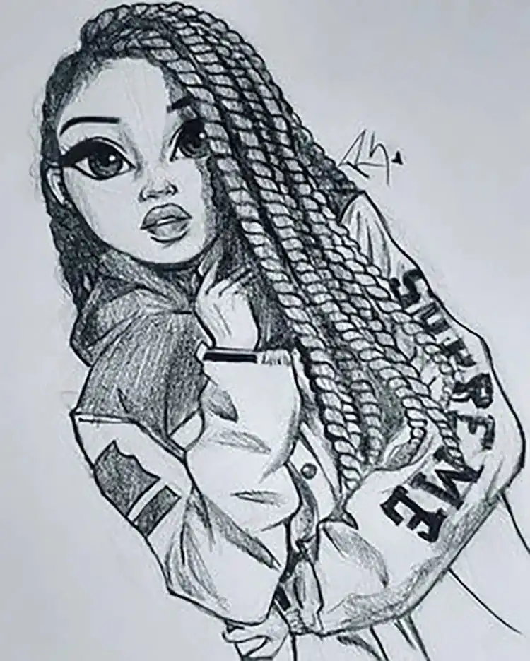 Beautiful sketch of a girl with intricate twists in her hair, expressive eyes, and well-defined lips, showcasing detailed hair texture and emotive features related to How to Draw Locs - 50 Beautiful Female Character Sketch Ideas.