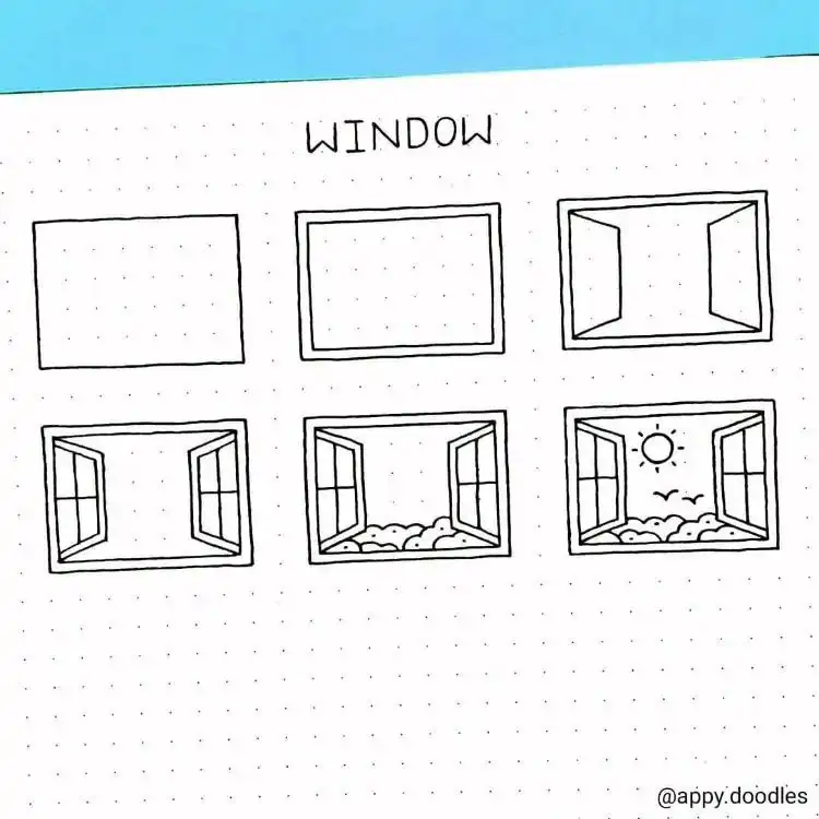Step-by-step guide to drawing an open window with trees and birds, a calming doodle for bullet journals.
