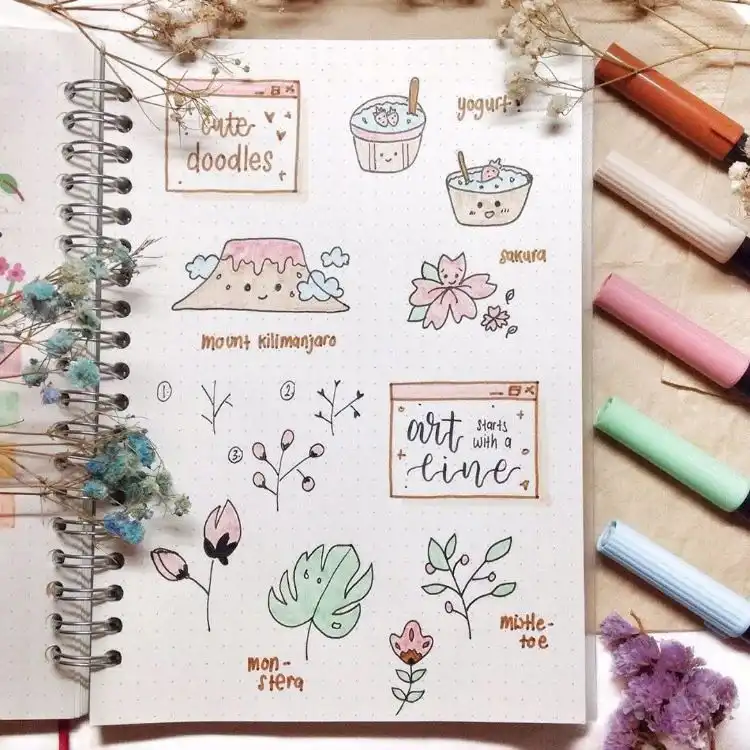 Kawaii-style cute doodles featuring mistletoe, yogurt, and a sakura flower for an adorable touch.