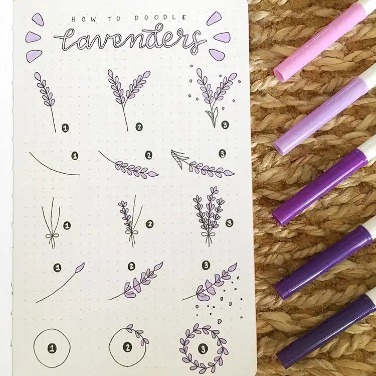 A tutorial showing how to draw various lavender doodles, from single stems to clusters, for calming art.