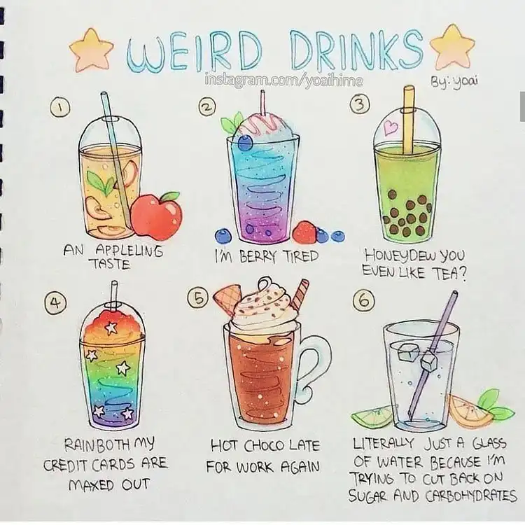 Stunning and imaginative 'weird drinks' doodles with unique glassware and garnishes for creative drawing practice.