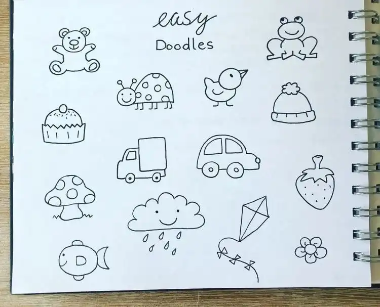 Easy doodles for beginners including a teddy bear, duck, and rain cloud, perfect for simple sketching.
