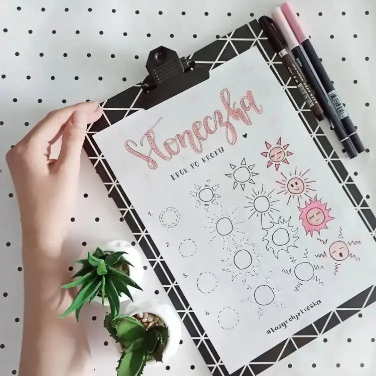 Four different sun doodle designs for summer-themed bullet journal spreads and artwork.