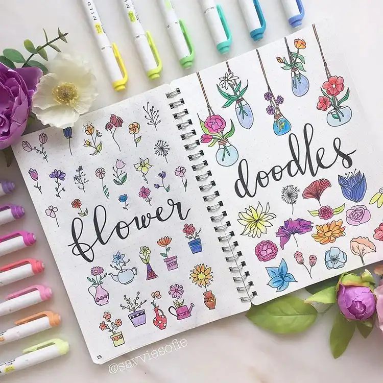 Pages filled with diverse flower doodle ideas, offering endless inspiration for floral art.