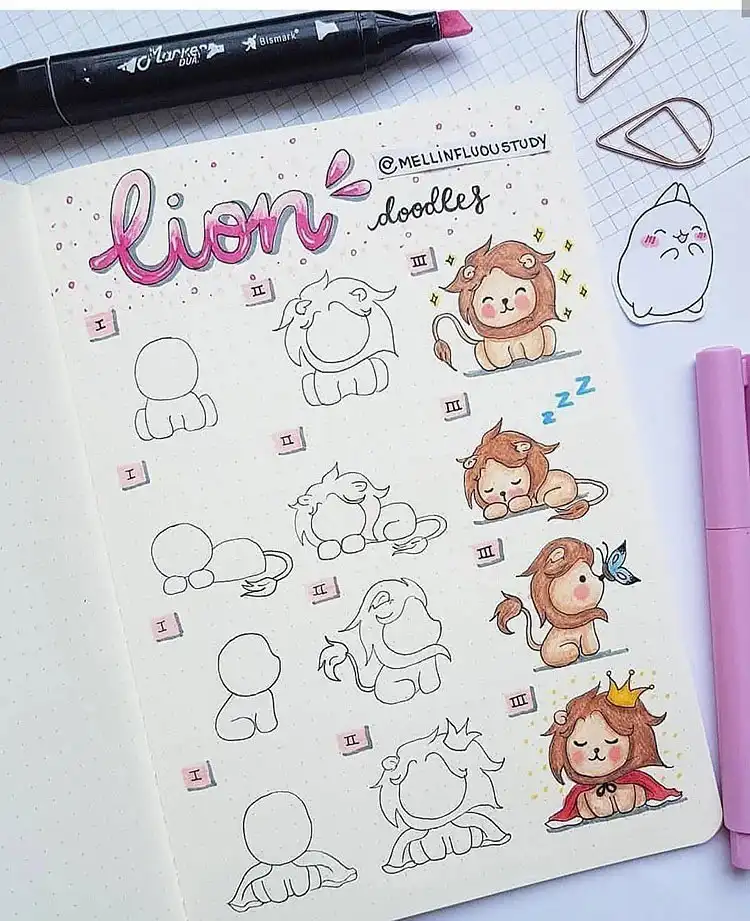 Tutorial on how to draw a lion in four different simple options, making it accessible for artists.