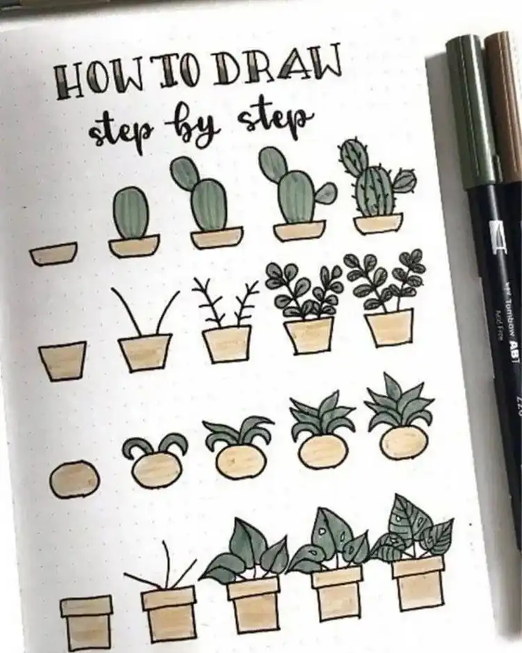 Illustration tutorial for various easy-to-draw plants, perfect for botanical bullet journal themes.