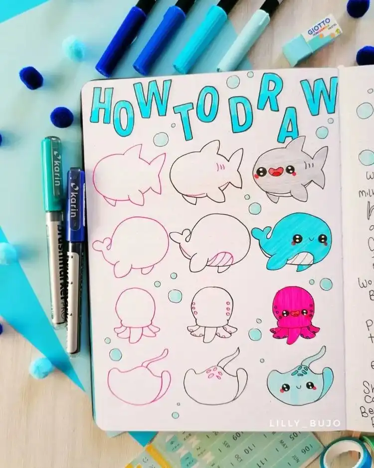 Step-by-step tutorial teaching how to draw ocean animals like a shark, whale, squid, and stingray.