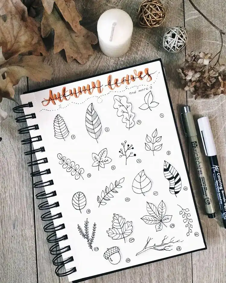Colorful autumn leaves doodles in fall hues of brown, orange, and red, ideal for seasonal journal pages.