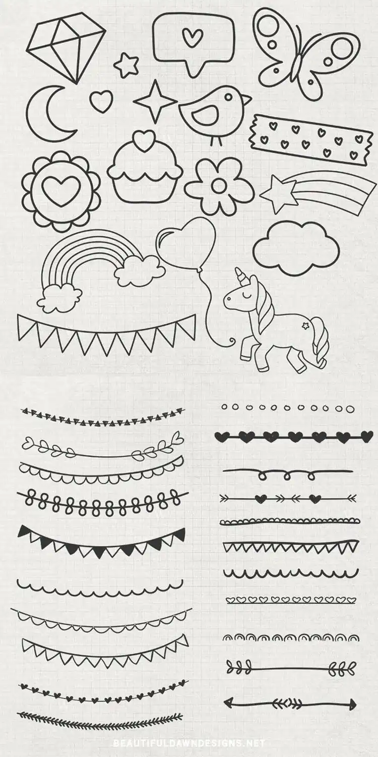 A collection of simple and cute doodle ideas including butterflies, cupcakes, and unicorn doodles for bullet journals.